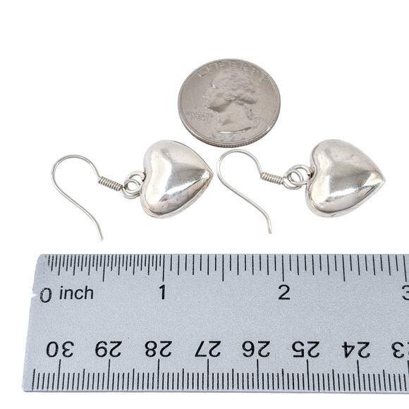 Puffy Heart Dangle Earrings | Vintage Sterling Silver 925 | Romantic Gift - Picture 4 of 5